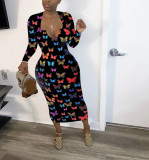 Butterfly Print Long Sleeve Slim Midi Dress WSM-5194