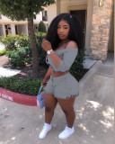 Plus Size Solid Sexy Off Shoulder Two Piece Shorts Set YIM-134