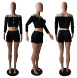 Plus Size Solid Sexy Off Shoulder Two Piece Shorts Set YIM-134