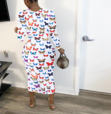 Butterfly Print Long Sleeve Slim Midi Dress WSM-5194