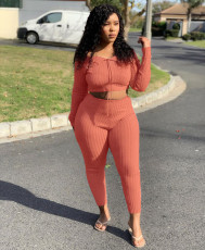 Solid Rib Slash Neck Long Sleeve Slim 2 Piece Pants Set DMF-8100