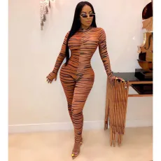 Sexy Zebra Stripe Mesh See Through Jumpsuits DMF-8094