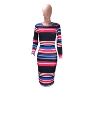 Colorful Striped Long Sleeve Slim Midi Dress DMF-8091