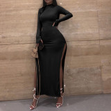 Sexy Rib High Split Long Sleeve Maxi Dress ASL-6296