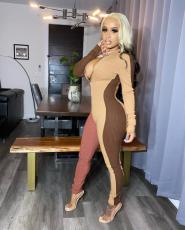 Contrast Color Long Sleeve Zipper Tight Jumpsuits HM-6342