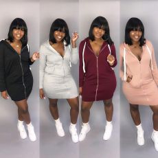 Solid Casual Long Sleeve Zipper Hoodies Dress DMF-8101