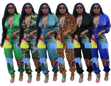 Plus Size Casual Printed Long Sleeve Zipper Jumpsuits DMF-8104