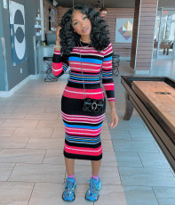 Colorful Striped Long Sleeve Slim Midi Dress DMF-8091