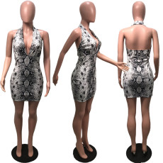Snake Skin Print Deep V Neck Halter Mini Dress DMF-8042