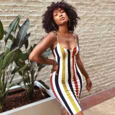 Sexy Colorful Stripes Spaghetti Strap Mini Dress DMF-8059