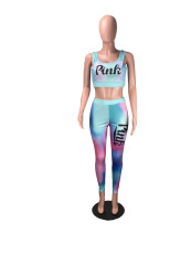 Pink Letter Print Tie Dye Fitness Two Piece Sets DMF-8061