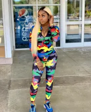 Camo Print Long Sleeve Front Zipper Jumpsuits DMF-8068