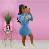 Solid Long Sleeve Sexy Zipper Bodycon Dress XMY-9257