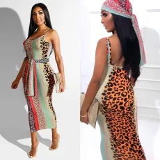 Leoaprd Sleveless Backless Strap Sashes Midi Dress DMF-8086