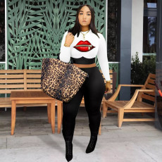 Casual Lip print Long Sleeve Cropped Top And Pants Two Piece Sets DMF-8145