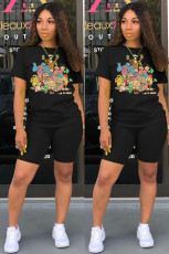 Cartoon Casual Solid Color T Shirt Shorts Sports Two Piece Set DMF-8118
