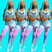 Pink Letter Print Tie Dye Fitness Two Piece Sets DMF-8061