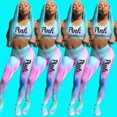 Pink Letter Print Tie Dye Fitness Two Piece Sets DMF-8061