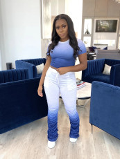 Casual Gradient Short Sleeve Crop Top Ruched Pants Two Piece Set DMF-8131