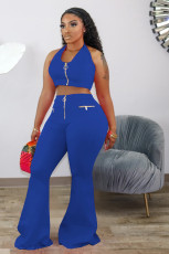 Plus Size Sexy Solid Color Hanging Neck Crop Top Wide Leg Pants Two Piece Set DMF-8141