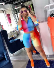 Rainbow Print Half Sleeve Two Piece Shorts Set DMF-8076