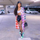 Colorful Plaid Print Notched Neck Long Coat GLF-8031