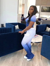 Casual Gradient Short Sleeve Crop Top Ruched Pants Two Piece Set DMF-8131