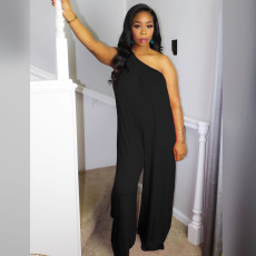 Sexy Solid Color Loose Oblique Shoulder Wide Leg Jumpsuit DMF-8123