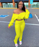 Plus Size Fashion Casual Solid Color Long Sleeve Crop Top And Pants Two Piece Set LSD-8768