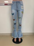 Classic Butterfly Print Tassel Ripped Hole Slim Jeans LSD-8759