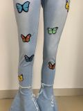 Classic Butterfly Print Tassel Ripped Hole Slim Jeans LSD-8759
