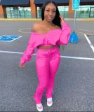 Plus Size Fashion Casual Solid Color Long Sleeve Crop Top And Pants Two Piece Set LSD-8768