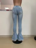 Classic Butterfly Print Tassel Ripped Hole Slim Jeans LSD-8759