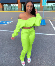 Plus Size Fashion Casual Solid Color Long Sleeve Crop Top And Pants Two Piece Set LSD-8768