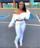 Plus Size Fashion Casual Solid Color Long Sleeve Crop Top And Pants Two Piece Set LSD-8768