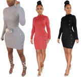 Solid Color Sexy Slim Single Breasted Long Sleeve Mini Dress LSL-6320-1