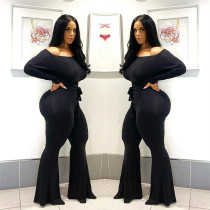 Sexy Slim Off Shoulder Long Sleeve Solid Color Jumpsuit With Belt LSL-6384
