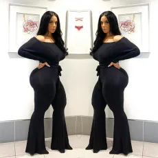 Sexy Slim Off Shoulder Long Sleeve Solid Color Jumpsuit With Belt LSL-6384