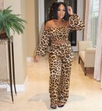 Plus Size Leopard Slash Neck 2 Piece Pants Set LX-8005