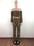 Plus Size Leopard Slash Neck 2 Piece Pants Set LX-8005