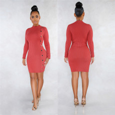 Solid Color Sexy Slim Single Breasted Long Sleeve Mini Dress LSL-6320-1