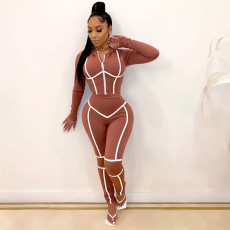 Plus Size Casual Hooded Zipper Two Piece Pants Set MEI-9110