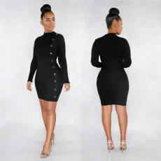 Solid Color Sexy Slim Single Breasted Long Sleeve Mini Dress LSL-6320-1