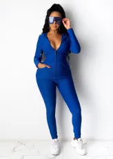 Solid Hooded Long Sleeve Zipper 2 Piece Pants Set CM-770