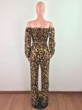 Plus Size Leopard Slash Neck 2 Piece Pants Set LX-8005