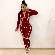 Plus Size Casual Hooded Zipper Two Piece Pants Set MEI-9110