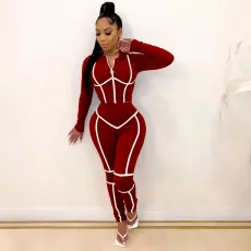 Plus Size Casual Hooded Zipper Two Piece Pants Set MEI-9110