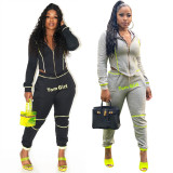 Casual Sporty Hooded Zipper Two Piece Pants Set LSL-6373-1