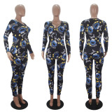 Casual Printed V Neck Long Sleeve Jumpsuits SHD-9431