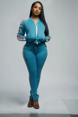 Fashion Splice Solid Color Zipper Long Sleeve Top And Pants Casual Sports Set SFY-165